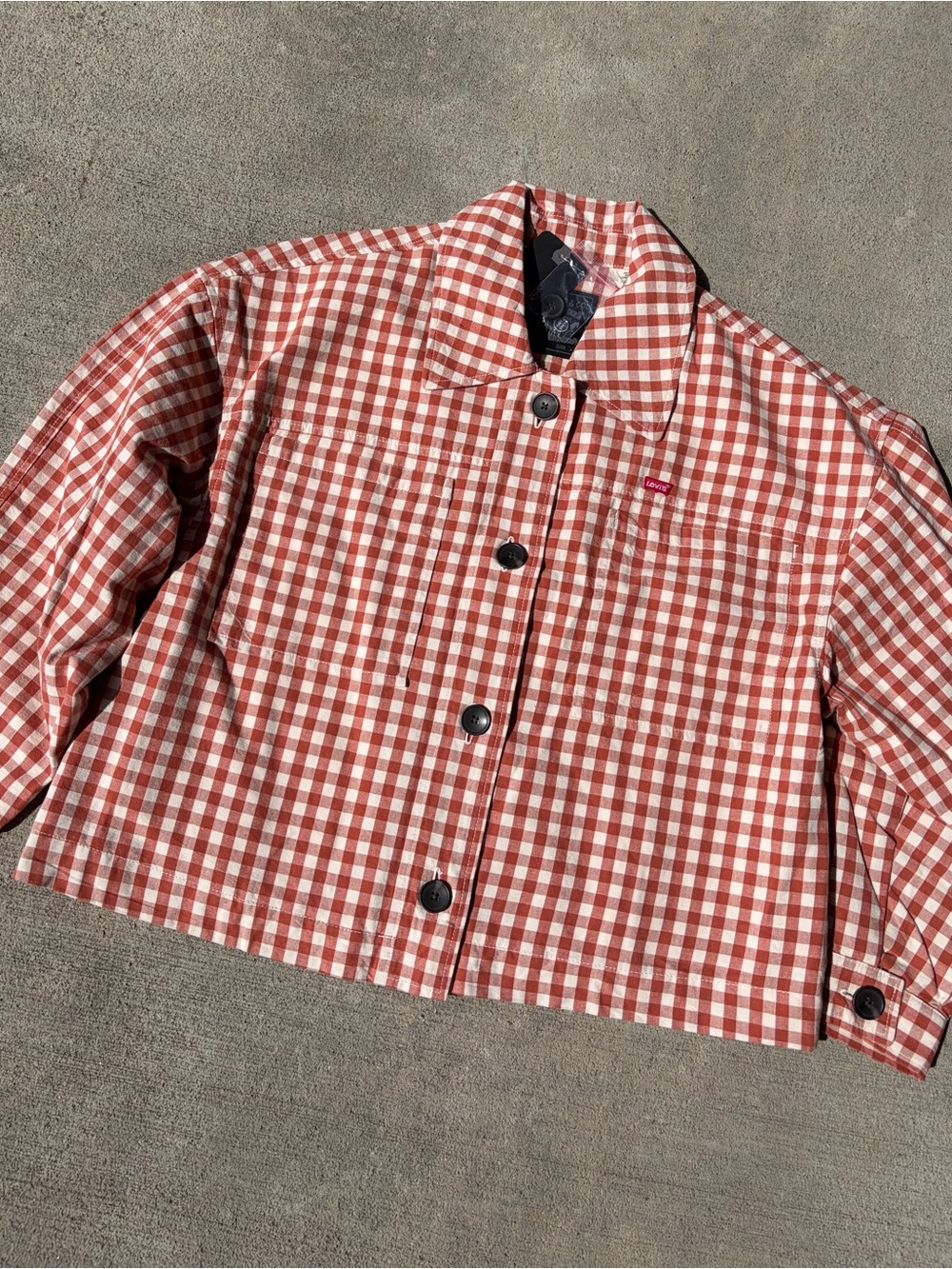 Levi’s Cara cotton prep jacket Jean jacket chore coat checkered orange white NWT - Picture 7 of 9